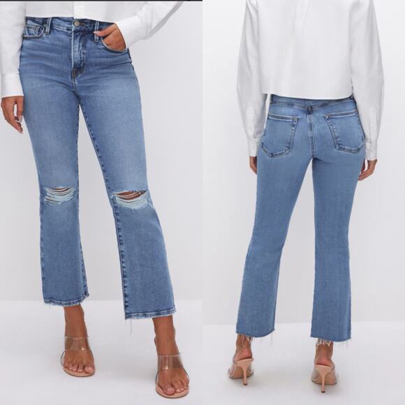Good American good legs crop mini boot jeans kick crop flare bootcut distressed - Picture 12 of 14